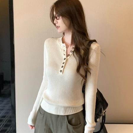 FA55671# 韩系白色半开领正肩长袖针织衫女秋冬 服裝批發女裝批發服飾貨源