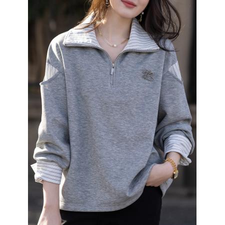 FA55672# 格纹拼接卫衣女春季新款套头休闲通勤上衣 服裝批發女裝批發服飾貨源