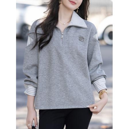 FA55672# 格纹拼接卫衣女春季新款套头休闲通勤上衣 服裝批發女裝批發服飾貨源