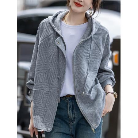 FA55674# 灰色连帽外套女春秋新款休闲简约百搭上衣 服裝批發女裝批發服飾貨源