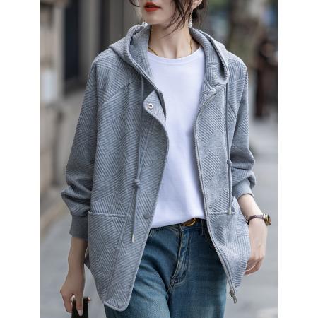 FA55674# 灰色连帽外套女春秋新款休闲简约百搭上衣 服裝批發女裝批發服飾貨源