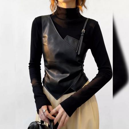 FA55675# 酷飒欧货黑色拼接上衣时尚高领小众设计长袖独特不规则冬季女 服裝批發女裝批發服飾貨源