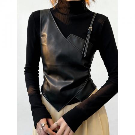 FA55675# 酷飒欧货黑色拼接上衣时尚高领小众设计长袖独特不规则冬季女 服裝批發女裝批發服飾貨源