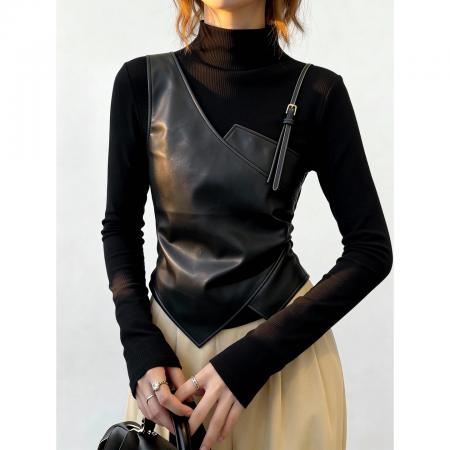 FA55675# 酷飒欧货黑色拼接上衣时尚高领小众设计长袖独特不规则冬季女 服裝批發女裝批發服飾貨源