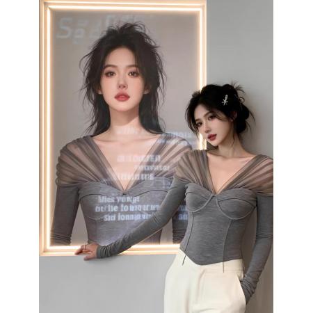 FA55676# 灰色V领网纱拼接打底衫T恤女春秋新款纯欲风气质修身长袖上衣 服裝批發女裝批發服飾貨源