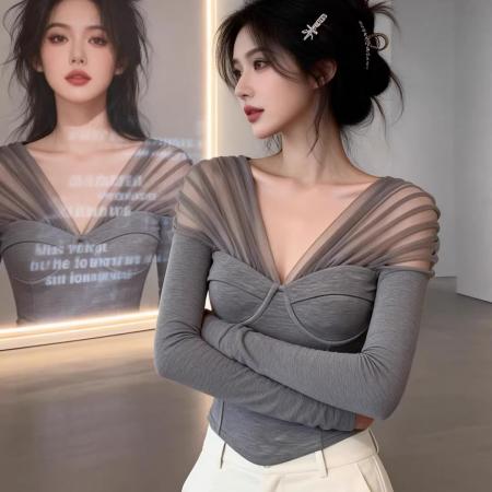 FA55676# 灰色V领网纱拼接打底衫T恤女春秋新款纯欲风气质修身长袖上衣 服裝批發女裝批發服飾貨源