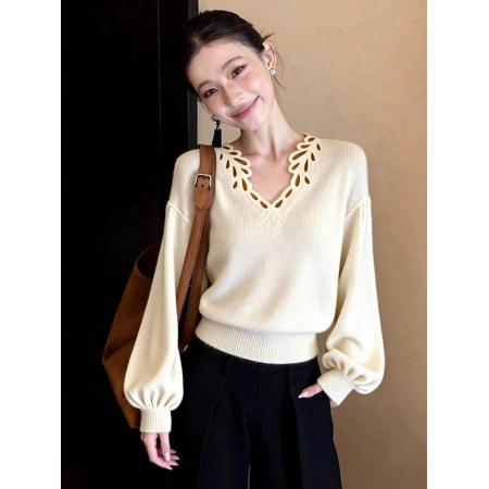 FA55677# 秋冬季慵懒甜辣妹v领毛衣针织打底衫女内搭设计感纯欲温柔风上衣 服裝批發女裝批發服飾貨源