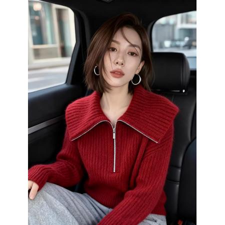 FA55678# 红色大翻领毛衣女秋冬巨好看独特漂亮软糯气质高端小香风针织上衣 服裝批發女裝批發服飾貨源