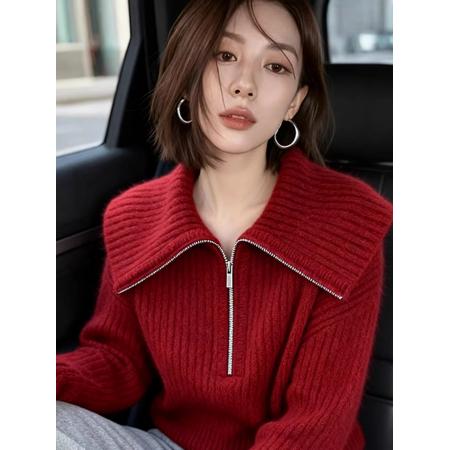 FA55678# 红色大翻领毛衣女秋冬巨好看独特漂亮软糯气质高端小香风针织上衣 服裝批發女裝批發服飾貨源