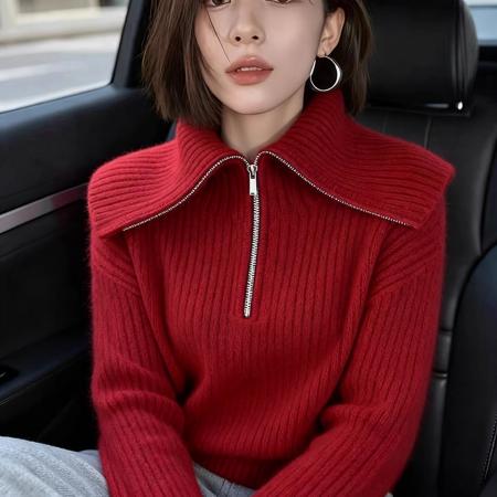 FA55678# 红色大翻领毛衣女秋冬巨好看独特漂亮软糯气质高端小香风针织上衣 服裝批發女裝批發服飾貨源