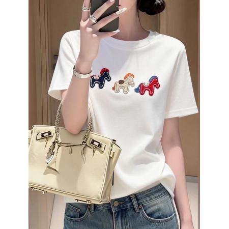 FA55679# 新年早春小马刺绣短袖针织女宽松休闲时尚小众打底衫上衣 服裝批發女裝批發服飾貨源