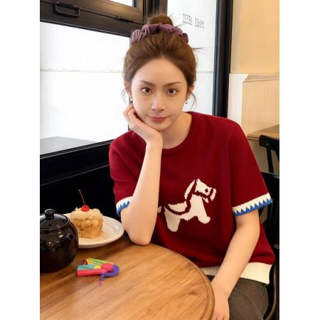 FA55680# 红色套头提花短袖针织衫毛衣女秋冬季绝美巨好看的马年本命年上衣 服裝批發女裝批發服飾貨源