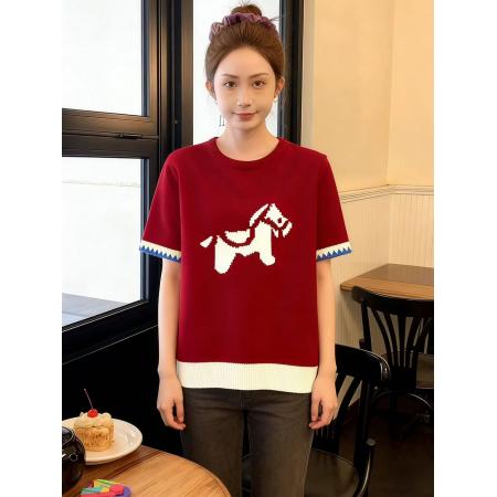 FA55680# 红色套头提花短袖针织衫毛衣女秋冬季绝美巨好看的马年本命年上衣 服裝批發女裝批發服飾貨源