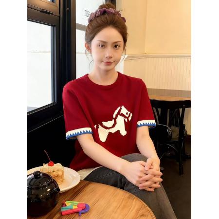 FA55680# 红色套头提花短袖针织衫毛衣女秋冬季绝美巨好看的马年本命年上衣 服裝批發女裝批發服飾貨源