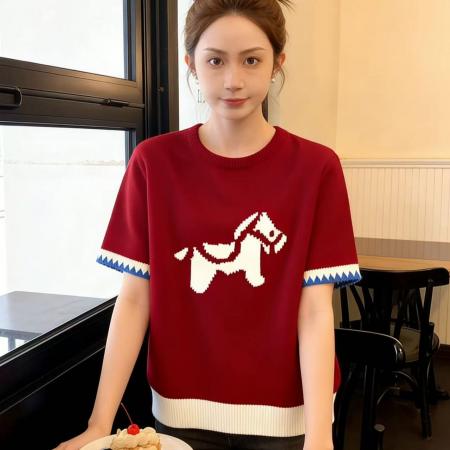 FA55680# 红色套头提花短袖针织衫毛衣女秋冬季绝美巨好看的马年本命年上衣 服裝批發女裝批發服飾貨源