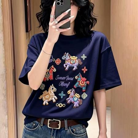 FA55681# 马上有钱衣服马年本命年情侣装红色短袖t恤女士韩版宽松大码上衣 服裝批發女裝批發服飾貨源