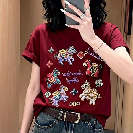 FA55681# 马上有钱衣服马年本命年情侣装红色短袖t恤女士韩版宽松大码上衣 服裝批發女裝批發服飾貨源