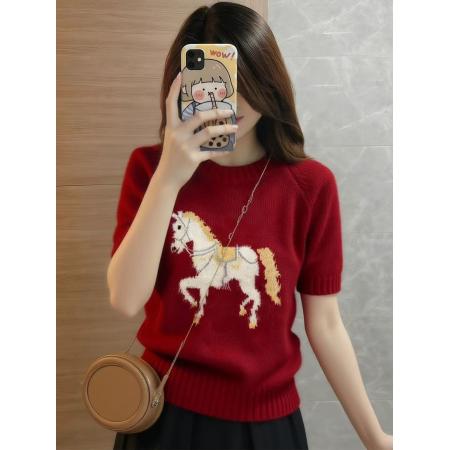 FA55682# 红色白马提花内搭打底短袖针织衫女初冬季马年绝美巨好看上衣 服裝批發女裝批發服飾貨源