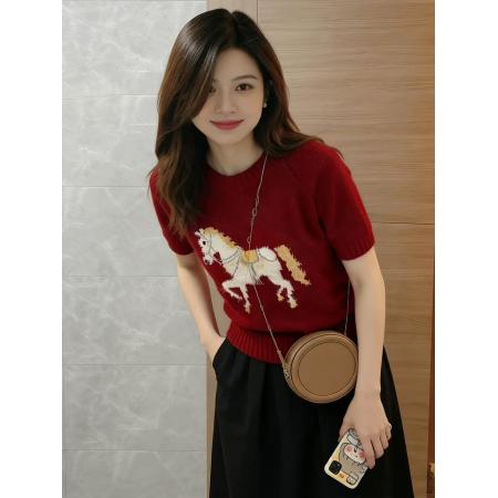 FA55682# 红色白马提花内搭打底短袖针织衫女初冬季马年绝美巨好看上衣 服裝批發女裝批發服飾貨源