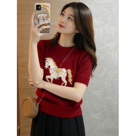 FA55682# 红色白马提花内搭打底短袖针织衫女初冬季马年绝美巨好看上衣 服裝批發女裝批發服飾貨源