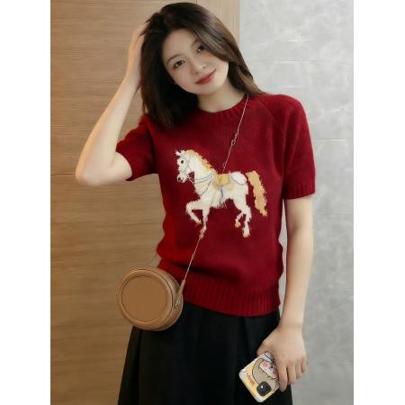 FA55682# 红色白马提花内搭打底短袖针织衫女初冬季马年绝美巨好看上衣 服裝批發女裝批發服飾貨源