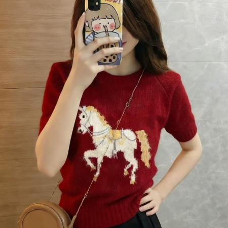 FA55682# 红色白马提花内搭打底短袖针织衫女初冬季马年绝美巨好看上衣 服裝批發女裝批發服飾貨源