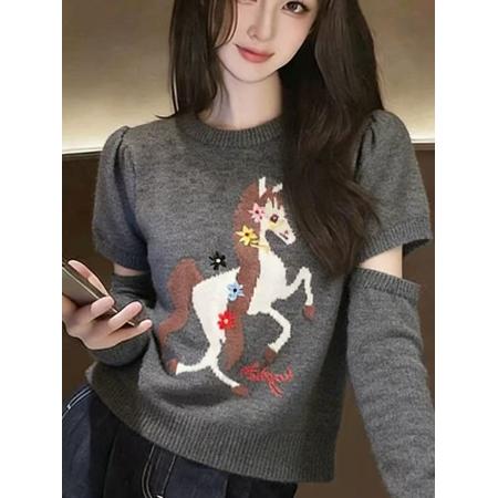 FA55683# 韩系气质优雅风小马提花针织衫女早春新款洋气减龄百搭显瘦毛衣潮 服裝批發女裝批發服飾貨源