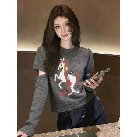 FA55683# 韩系气质优雅风小马提花针织衫女早春新款洋气减龄百搭显瘦毛衣潮 服裝批發女裝批發服飾貨源