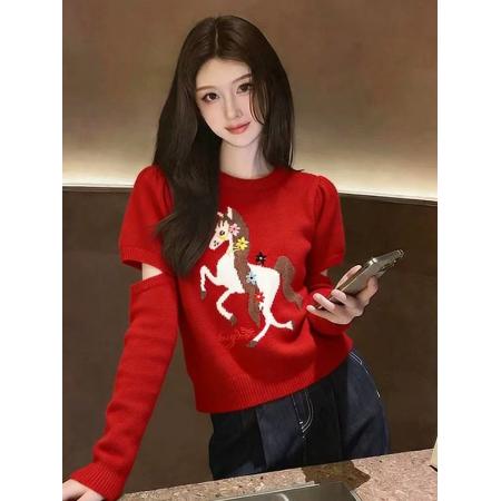 FA55683# 韩系气质优雅风小马提花针织衫女早春新款洋气减龄百搭显瘦毛衣潮 服裝批發女裝批發服飾貨源