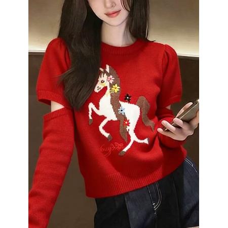 FA55683# 韩系气质优雅风小马提花针织衫女早春新款洋气减龄百搭显瘦毛衣潮 服裝批發女裝批發服飾貨源