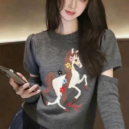 FA55683# 韩系气质优雅风小马提花针织衫女早春新款洋气减龄百搭显瘦毛衣潮 服裝批發女裝批發服飾貨源