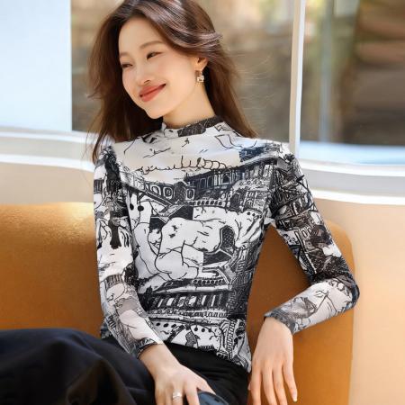 FA55686# 长袖上衣修身高级数码韩国网印花打底衫女春新款T恤 服裝批發女裝批發服飾貨源
