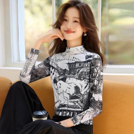 FA55686# 长袖上衣修身高级数码韩国网印花打底衫女春新款T恤 服裝批發女裝批發服飾貨源