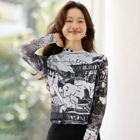 FA55686# 长袖上衣修身高级数码韩国网印花打底衫女春新款T恤 服裝批發女裝批發服飾貨源