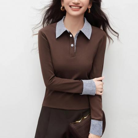 FA55687# 假两件翻领拼色针织女长袖春磨毛百搭打底衫显瘦上衣 服裝批發女裝批發服飾貨源