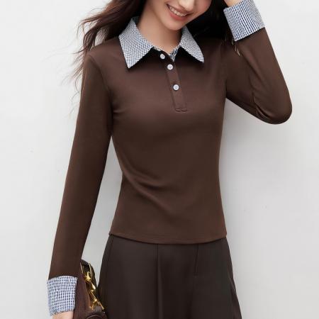 FA55687# 假两件翻领拼色针织女长袖春磨毛百搭打底衫显瘦上衣 服裝批發女裝批發服飾貨源