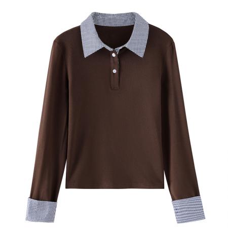 FA55687# 假两件翻领拼色针织女长袖春磨毛百搭打底衫显瘦上衣 服裝批發女裝批發服飾貨源