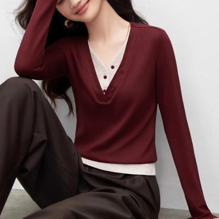 FA55688# 假两件拼色女长袖春磨毛百搭打底衫显瘦上衣 服裝批發女裝批發服飾貨源