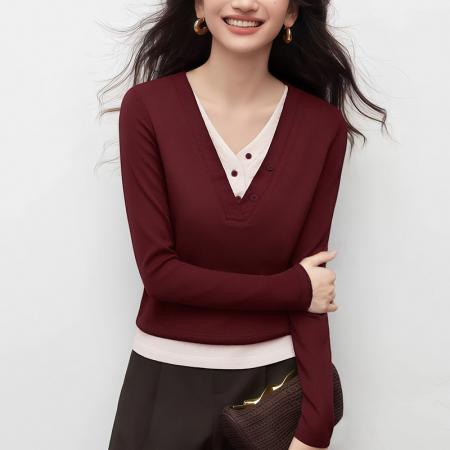 FA55688# 假两件拼色女长袖春磨毛百搭打底衫显瘦上衣 服裝批發女裝批發服飾貨源