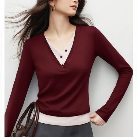 FA55688# 假两件拼色女长袖春磨毛百搭打底衫显瘦上衣 服裝批發女裝批發服飾貨源