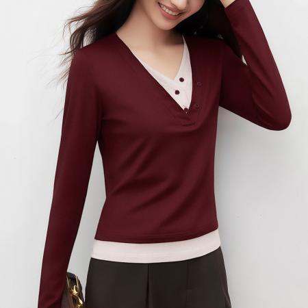 FA55688# 假两件拼色女长袖春磨毛百搭打底衫显瘦上衣 服裝批發女裝批發服飾貨源