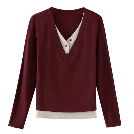 FA55688# 假两件拼色女长袖春磨毛百搭打底衫显瘦上衣 服裝批發女裝批發服飾貨源