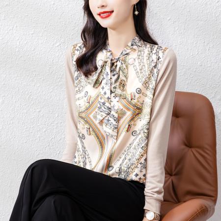 FA55689# 新款女长袖春高端缎面印花套头毛衣休闲上衣 服裝批發女裝批發服飾貨源