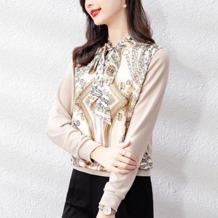FA55689# 新款女长袖春高端缎面印花套头毛衣休闲上衣 服裝批發女裝批發服飾貨源