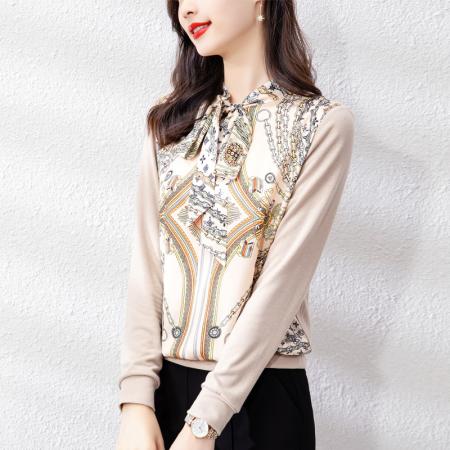 FA55689# 新款女长袖春高端缎面印花套头毛衣休闲上衣 服裝批發女裝批發服飾貨源