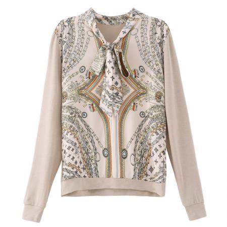 FA55689# 新款女长袖春高端缎面印花套头毛衣休闲上衣 服裝批發女裝批發服飾貨源