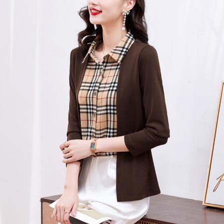 FA55690# 假两件长袖新款洋气百搭衬衫欧货拼接上衣外套 服裝批發女裝批發服飾貨源