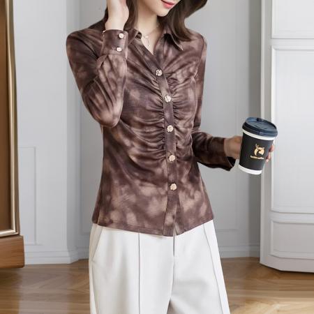 FA55691# 春新款扎染设计感褶皱单排扣韩版上衣长袖别致开衫 服裝批發女裝批發服飾貨源