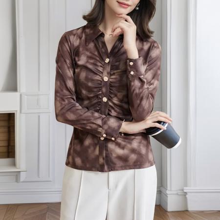 FA55691# 春新款扎染设计感褶皱单排扣韩版上衣长袖别致开衫 服裝批發女裝批發服飾貨源