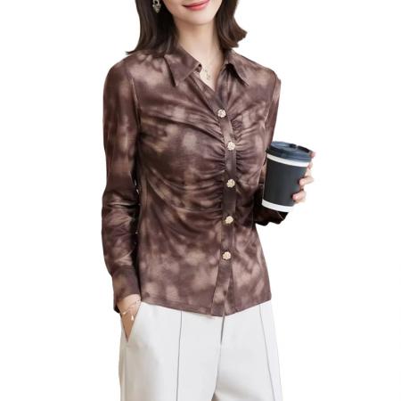 FA55691# 春新款扎染设计感褶皱单排扣韩版上衣长袖别致开衫 服裝批發女裝批發服飾貨源